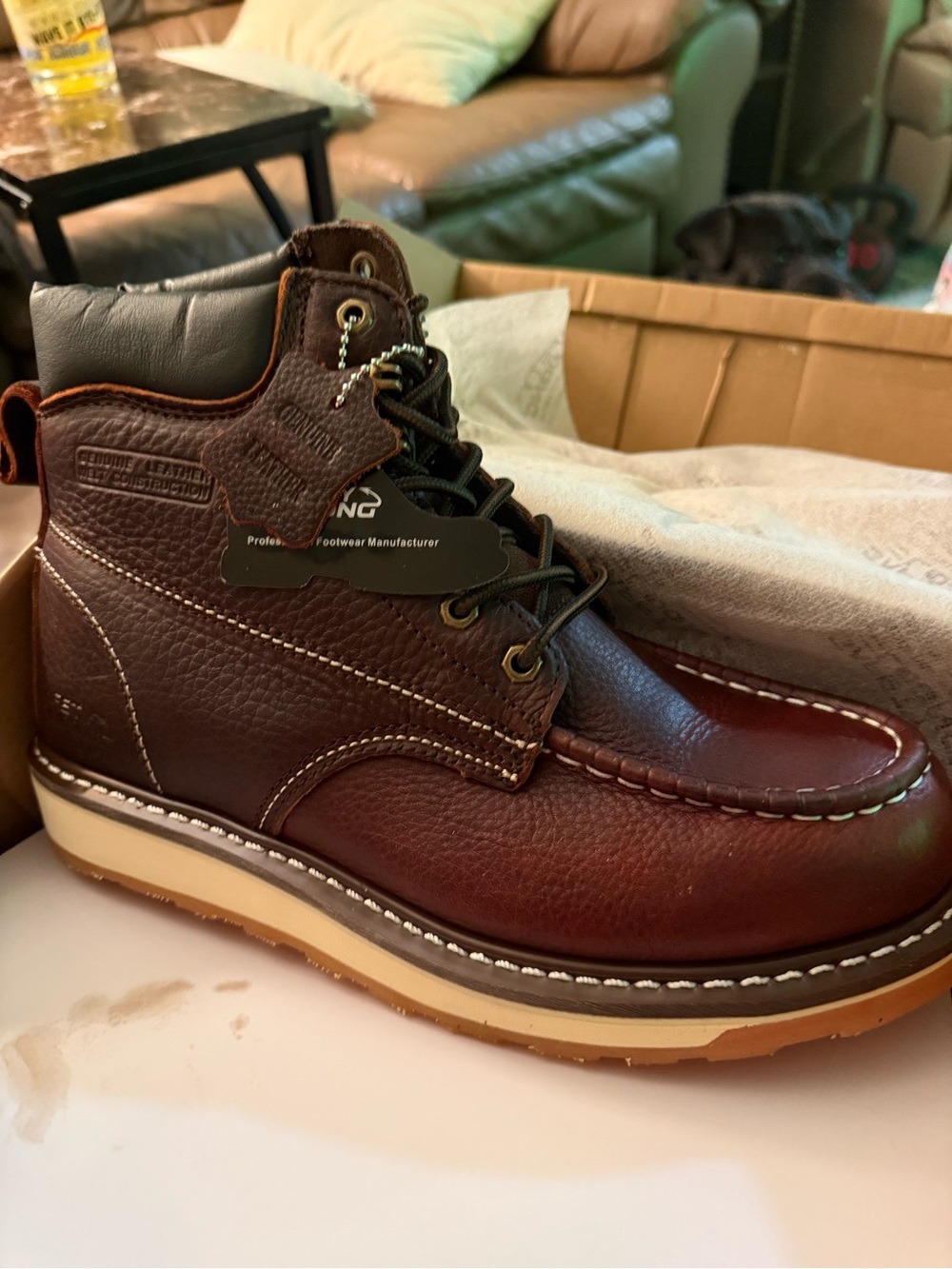 Safety Loong Men's Brown Leather Moc Toe Work Boots - Comfortable Lace-Up